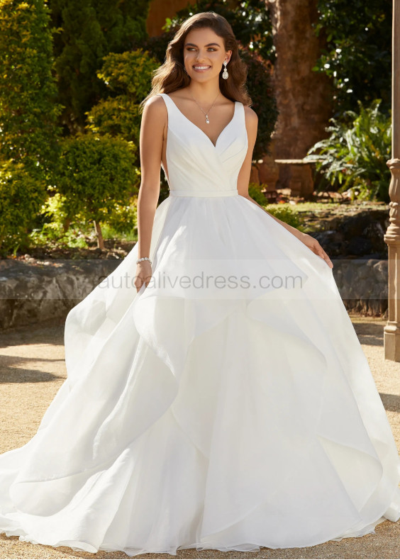 V Neck Iory Satin Organza Ruffled Dreamy Wedding Dress